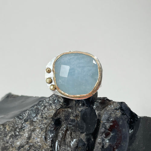 Aquamarine Ring Adorned with Gold Dots made in Bend Oregon by Junk to Jems