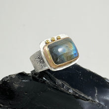 Load image into Gallery viewer, Labradorite Ring with Gold Bezel Silver Dots, made in Bend Oregon by Junk to Jems
