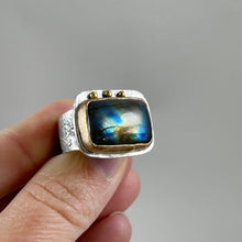 Load image into Gallery viewer, Labradorite Ring with Gold Bezel Silver Dots, made in Bend Oregon by Junk to Jems
