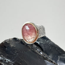 Load image into Gallery viewer, Tourmaline Ring with Gold Bezel and sterling silver textured band, made in Bend Oregon by Junk to Jems.
