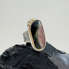 Load image into Gallery viewer, Green Pink Tourmaline Ring with Gold Bezel and Dots, made in Bend, Oregon by Junk to Jems
