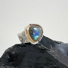 Load image into Gallery viewer, Labradorite Ring with Gold Bezel Silver Accents, made in Bend Oregon by Junk to Jems

