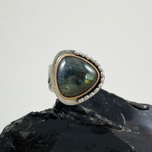 Load image into Gallery viewer, Labradorite Ring with Gold Bezel Silver Accents, made in Bend Oregon by Junk to Jems
