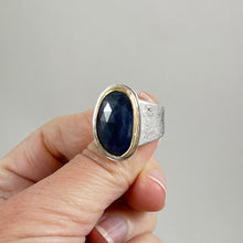 Load image into Gallery viewer, Blue Sapphire Ring with Gold Bezel, made in Bend Oregon by Junk to Jems
