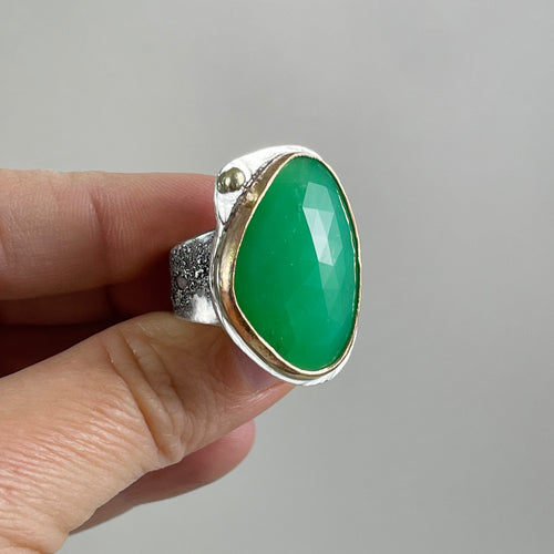 Chrysoprase Ring with Gold Bezel, made in Bend Oregon by Junk to Jems