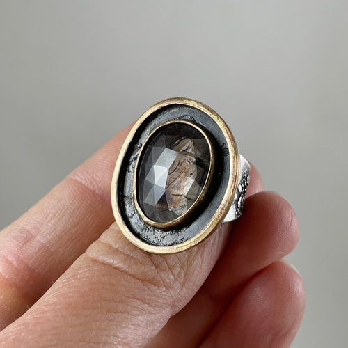 Dark Cognac Sapphire Ring with Double Gold Accent, made in Bend Oregon by Junk to Jems