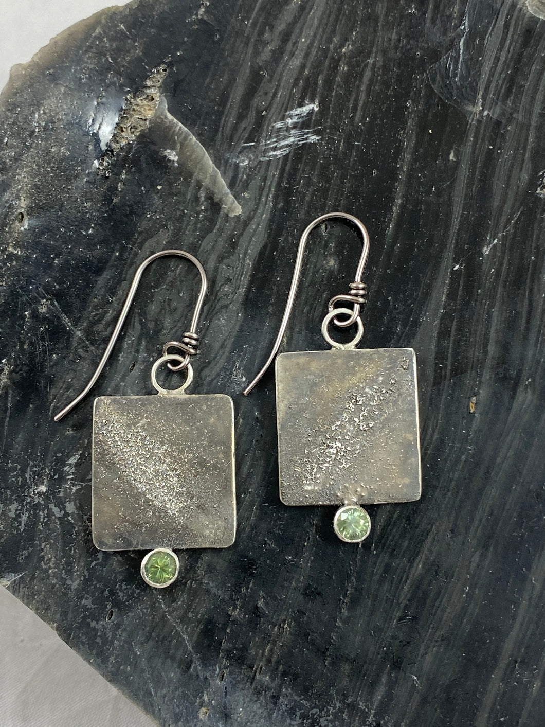 Green Sapphire and Silver Square Earrings