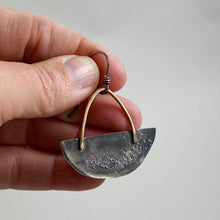 Load image into Gallery viewer, Silver &amp; Brass Half Moon Basket Earrings made in Bend Oregon by Junk to Jems

