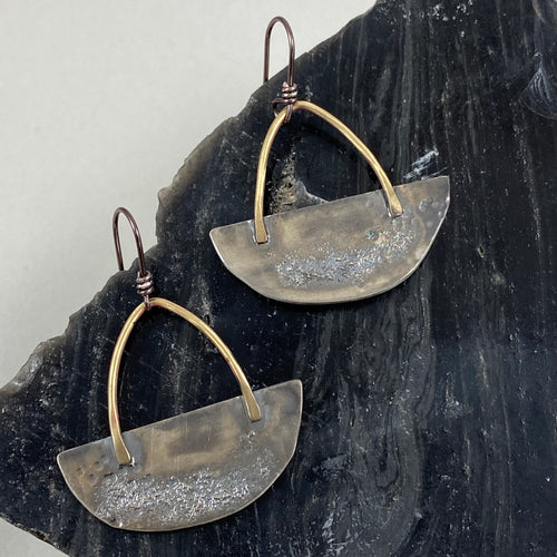 Silver & Brass Half Moon Basket Earrings made in Bend Oregon by Junk to Jems