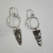 Load image into Gallery viewer, Silver Hoop Textured Arrowhead Dangle Earrings made in Bend Oregon by Junk to Jems
