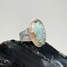 Load image into Gallery viewer, Oval New Lander Variscite Ring with Gold Bezel, made in Bend Oregon by Junk to Jems
