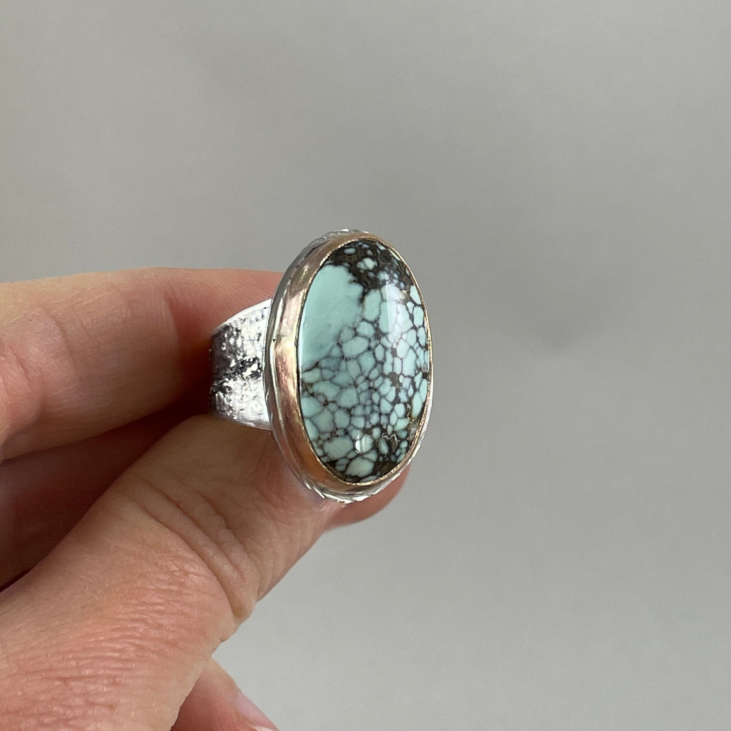 Oval New Lander Variscite Ring with Gold Bezel, made in Bend Oregon by Junk to Jems