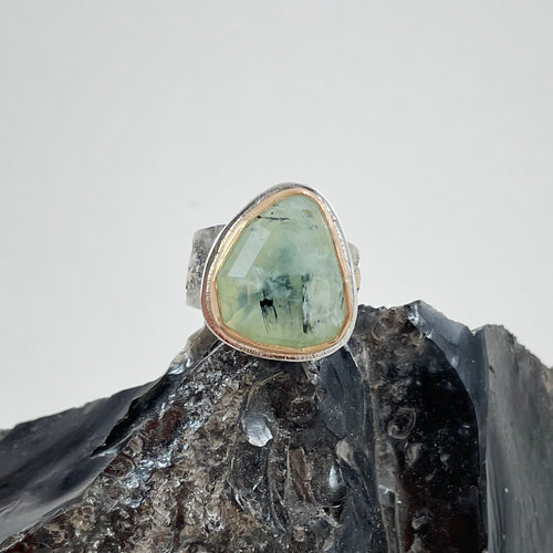 Prehnite Ring with Gold Bezel, Bend Oregon jewelry by Junk to Jems