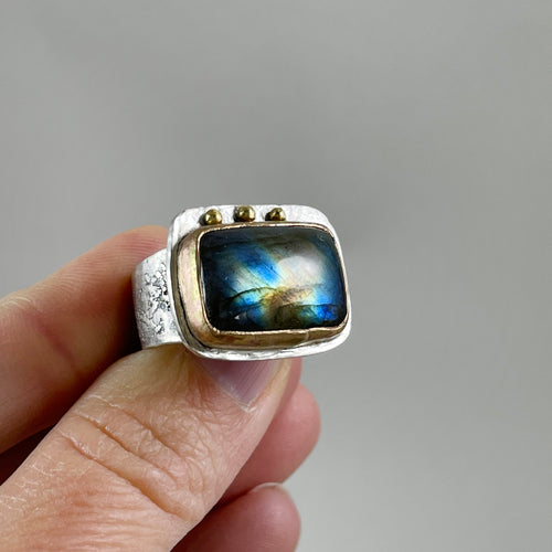 Labradorite Ring with Gold Bezel Silver Dots, made in Bend Oregon by Junk to Jems