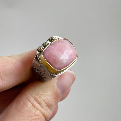 Rose Quartz Ring Adorned with Gold Dots, made in Bend Oregon by Junk to Jems