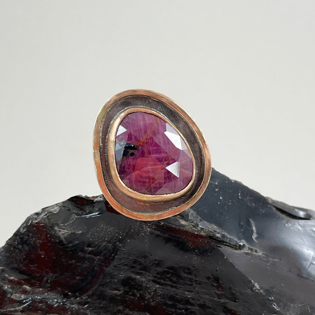 Ruby Sapphire Ring with Double Gold Accent, made in Bend Oregon by Junk to Jems