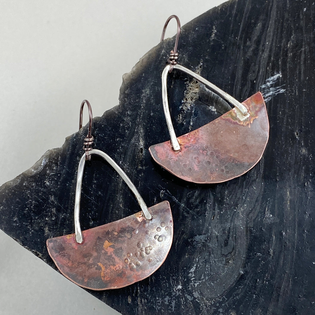 Silver & Copper Half Moon Basket Earrings made in Bend Oregon by Junk to Jems