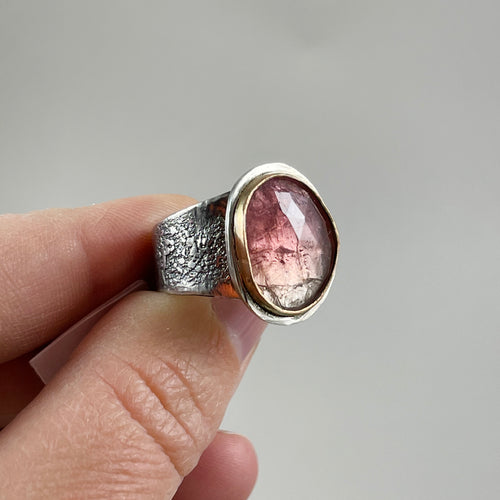 Tourmaline Ring with Gold Bezel and sterling silver textured band, made in Bend Oregon by Junk to Jems.