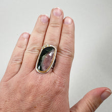 Load image into Gallery viewer, Green Pink Tourmaline Ring with Gold Bezel and Dots, made in Bend, Oregon by Junk to Jems
