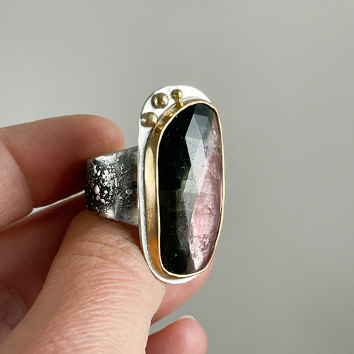 Green Pink Tourmaline Ring with Gold Bezel and Dots, made in Bend, Oregon by Junk to Jems
