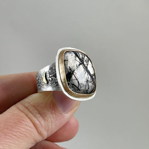 Tourmalinated Quartz Ring with Gold Bezel, made in Bend Oregon by Junk to Jems
