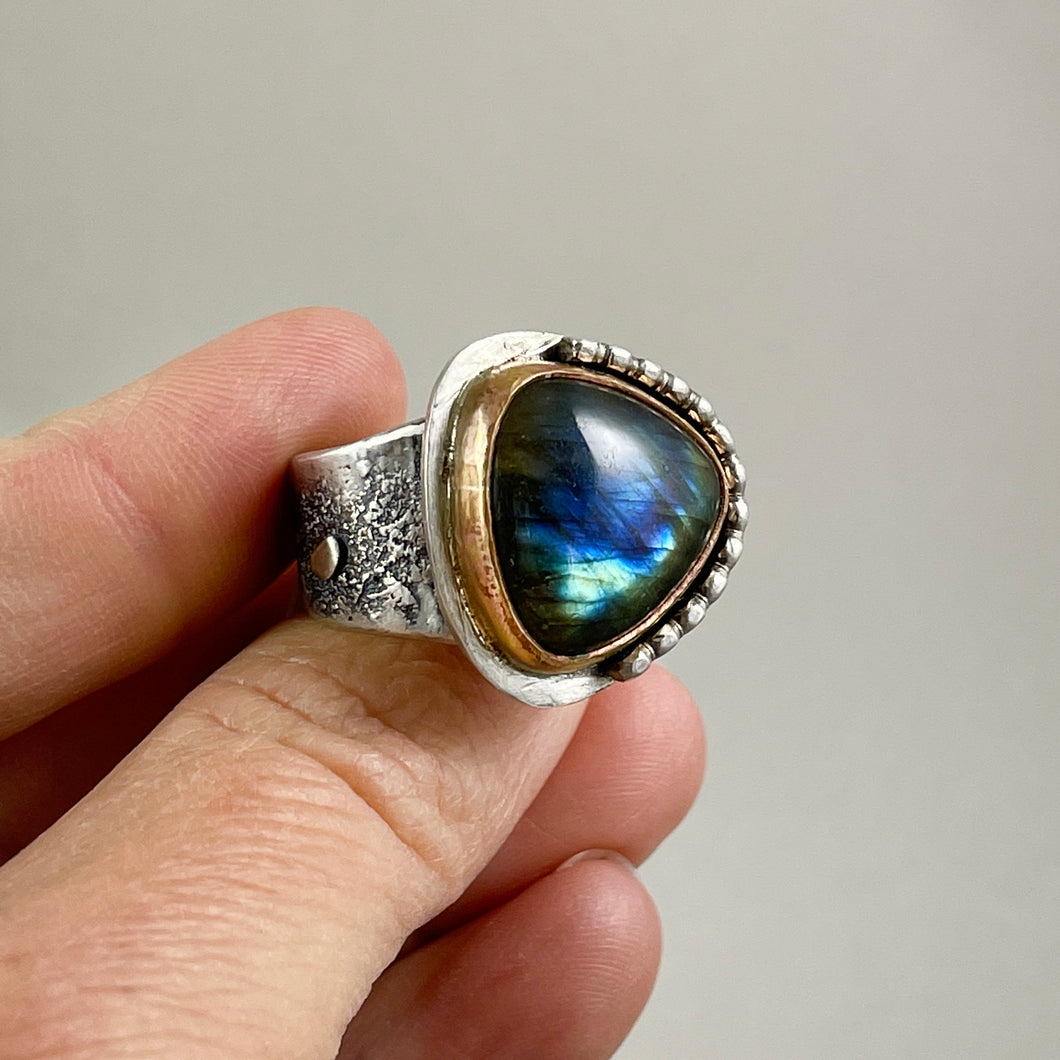 Labradorite Ring with Gold Bezel Silver Accents, made in Bend Oregon by Junk to Jems